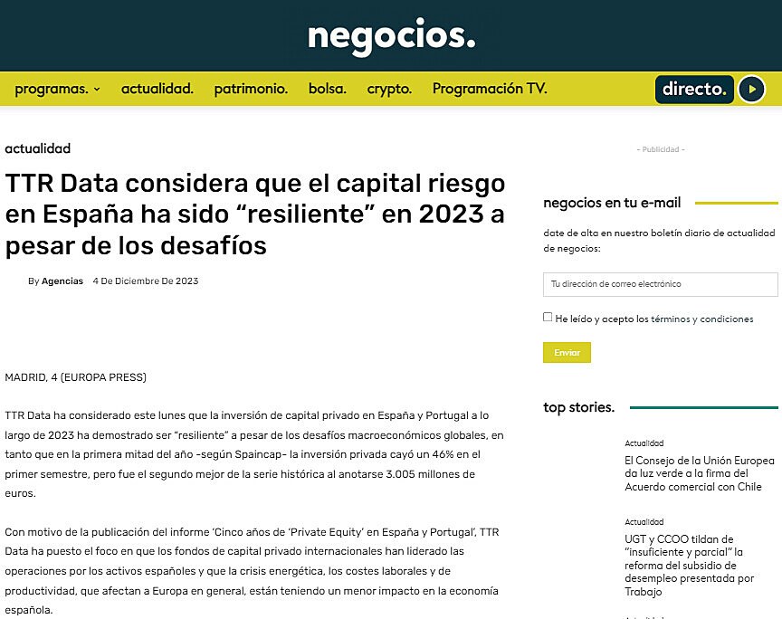 TTR Data considera que el capital riesgo en Espaa ha sido resiliente en 2023 a pesar de los desafos